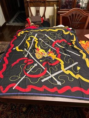 Luxury Black Decorative Silk Scarf Red and Yellow Ribbon Design